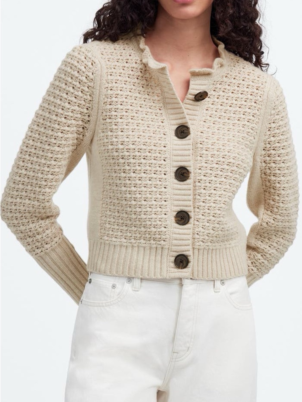 Madewell Cream Ruffle-Collar Button-Front Cardigan
